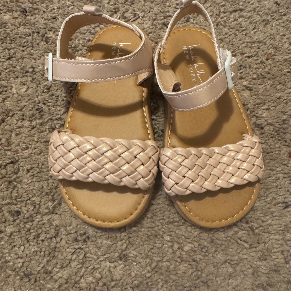 Kids Pearl Pink Open-Toe Sandals with Ankle Straps and Woven Texture